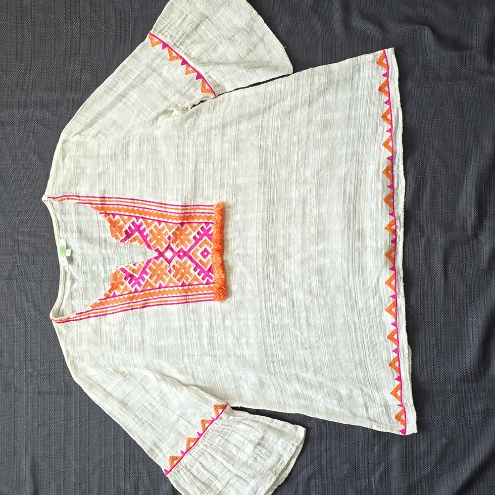 Jade White Blouse with Orange and Pink Embroidery